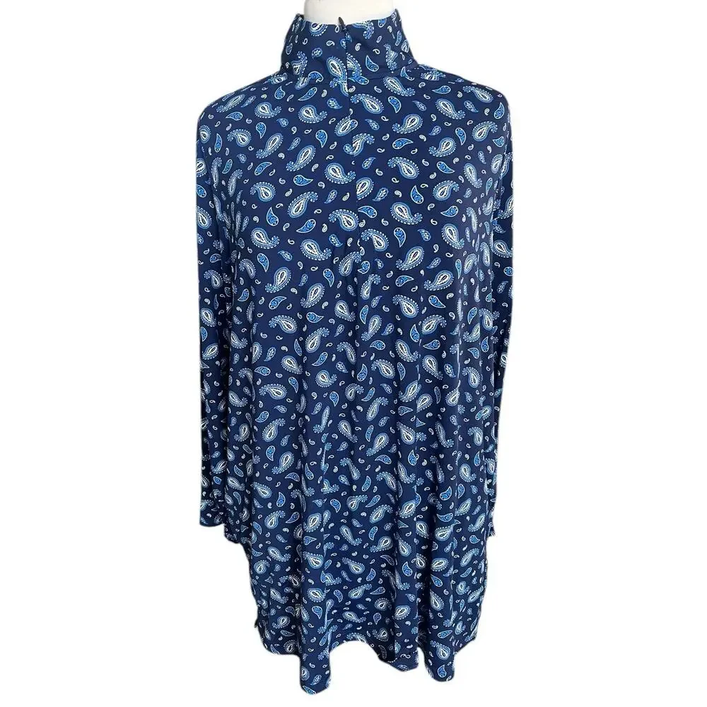 Lands End Swim Cover Up Long Sleeve 1/4 Zip Blue Paisley Pool Beach Stretchy 2X